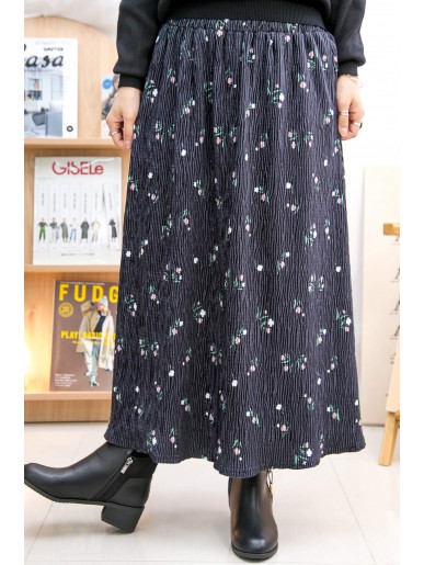 2215-1192-Vintage- 花花PRINT ‧ 坑紋燈芯絨料 ‧ 橡根腰半截裙 (韓國)  